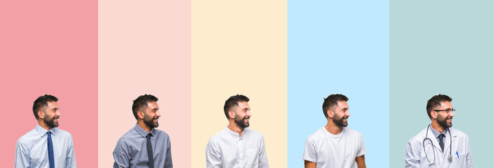 Wall Mural - Collage of handsome man over colorful stripes isolated background looking away to side with smile on face, natural expression. Laughing confident.