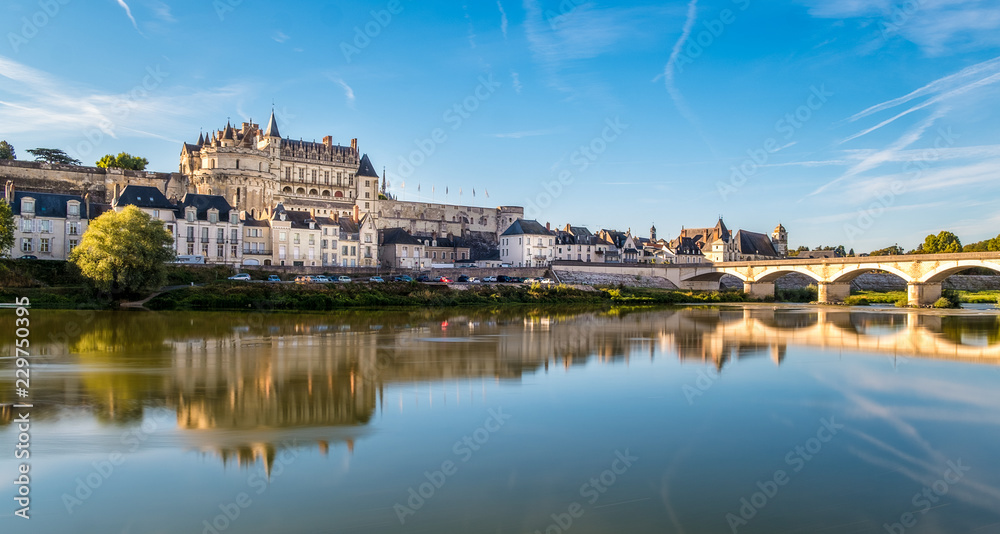 Amboise Castle at sunrise over Loire river - obrazy, fototapety, plakaty 