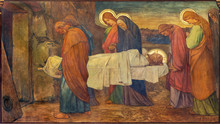 PRAGUE, CZECH REPUBLIC - OCTOBER 13, 2018: The Fresco Of Burial Of Jesus In Church Kostel Svatého Václava By S. G. Rudl (1900).