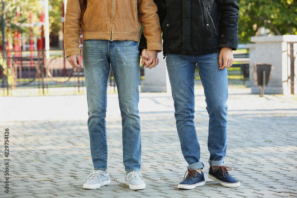 Happy gay couple walking in park