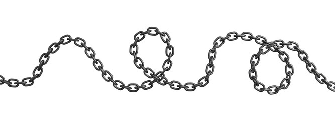 3d rendering of a single curved metal chain lying on a white background.