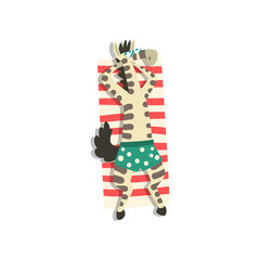 Sticker - Zebra sunbathing on the beach, cute animal cartoon character relaxing on the seashore at summer vacation vector Illustration on a white background