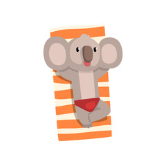 Sticker - Koala bear sunbathing on a beach towel, cute animal cartoon character relaxing on the seashore at summer vacation vector Illustration on a white background