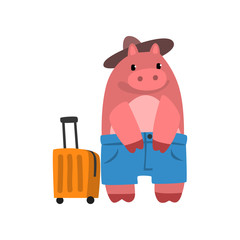 Sticker - Funny hippo animal cartoon character traveling with suitcase vector Illustration on a white background