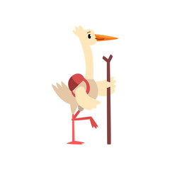 Sticker - Cute stork bird cartoon character traveling with backpack and stuff vector Illustration on a white background