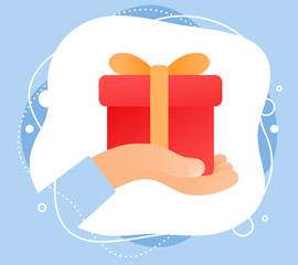 Vector creative illustration of human hand giving a red gift box with yellow ribbon. Holiday present with best wishes.