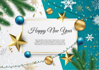 banner with vector christmas tree branches, gold stars, christmas balls and space for text.