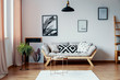 © Photographee.eu - Patterned pillow on scandinavian sofa in stylish interior with gallery of poster, real photo