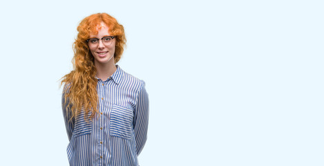 Sticker - Young redhead bussines woman with a happy and cool smile on face. Lucky person.