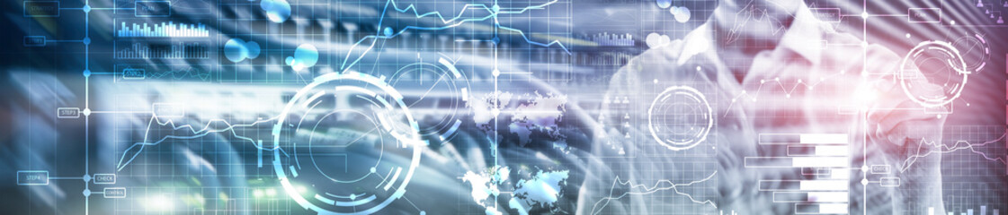 Wall Mural - business digital interface with graphs, charts, icons and timeline on blurred background. website he