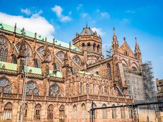 Strasbourg Cathedral or the Cathedral of Our Lady of Strasbourg (French: Cathedrale Notre-Dame de Strasbourg), also known as Strasbourg Minster, Alsace, France wide angle