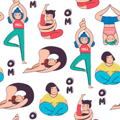 Wall Mural - Funny yoga poses. Colored vector seamless pattern