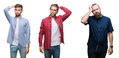 Collage of group of young men over white isolated background confuse and wonder about question. Uncertain with doubt, thinking with hand on head. Pensive concept.