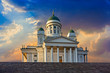 Helsinki cathedral and steps on blue sky background , finland