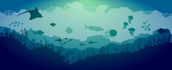 Underwater reef wildlife on blue sea background