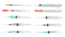 Set With Different Syringes On White Background. Medical Objects