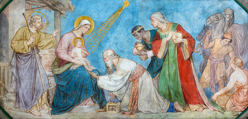 Papier Peint - PRAGUE, CZECH REPUBLIC - OCTOBER 17, 2018: The fresco of Adoration of Magi the in church kostel Svatého Cyrila Metodeje by Petr Maixner (1868).
