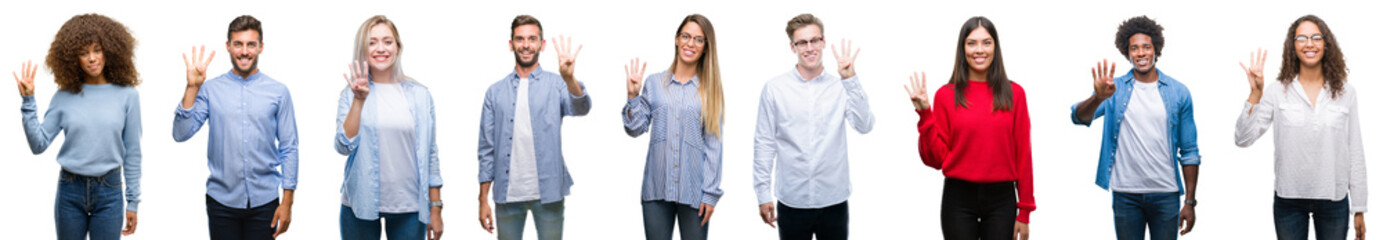 Poster - Composition of african american, hispanic and caucasian group of people over isolated white background showing and pointing up with fingers number four while smiling confident and happy.