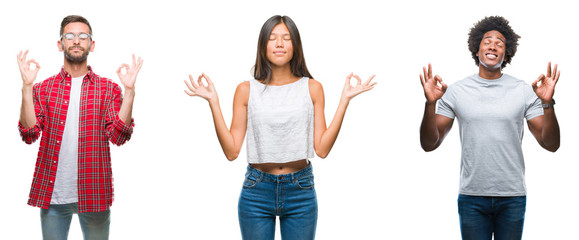 Sticker - Collage of group of Chinese, african american, hispanic people over isolated background relax and smiling with eyes closed doing meditation gesture with fingers. Yoga concept.