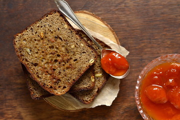 Poster - Rye toast with apricot jam, top view, copy space