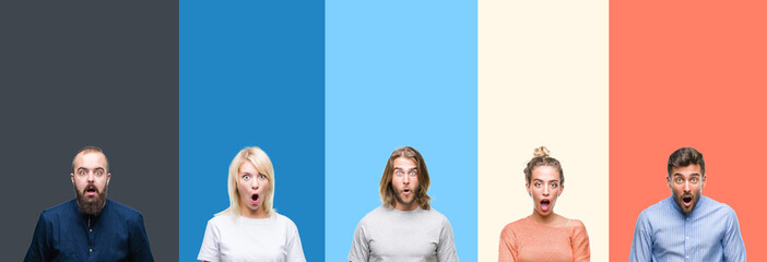 Wall Mural - Collage of casual young people over colorful stripes isolated background afraid and shocked with surprise expression, fear and excited face.