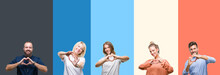 Collage Of Casual Young People Over Colorful Stripes Isolated Background Smiling In Love Showing Heart Symbol And Shape With Hands. Romantic Concept.