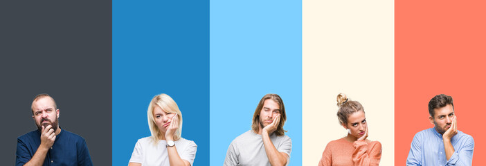 Poster - Collage of casual young people over colorful stripes isolated background thinking looking tired and bored with depression problems with crossed arms.