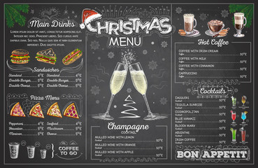 Wall Mural - Vintage chalk drawing christmas menu design with champange. Restaurant menu