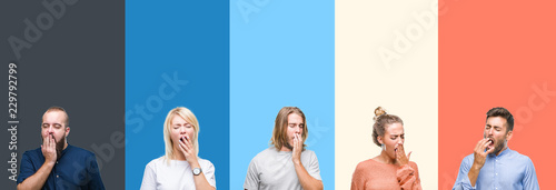 Fotografía Collage of casual young people over colorful stripes isolated background bored yawning tired covering mouth with hand