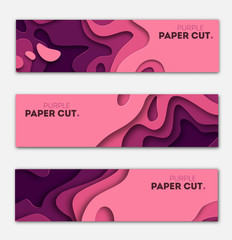 Poster - Set banner templates with paper cut shapes. Bright modern abstract design. Purple. Vector Illustration.