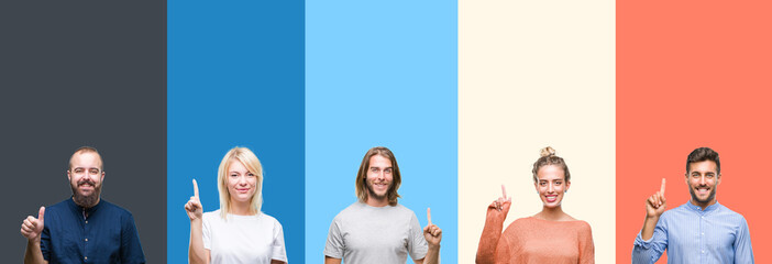 Collage of casual young people over colorful stripes isolated background showing and pointing up with finger number one while smiling confident and happy.