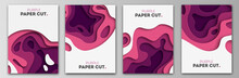 Set Banner Templates With Paper Cut Shapes. Bright Modern Abstract Design. Purple. Vector Illustration.