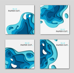 Fototapete - Paper cut design concept for flyers, presentations and posters. Vector abstract carving art. White and blue 3D layered vertical banners.