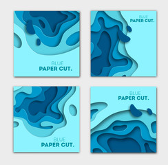 Fototapete - Paper cut design concept for flyers, presentations and posters. Vector abstract carving art. White and blue 3D layered vertical banners.
