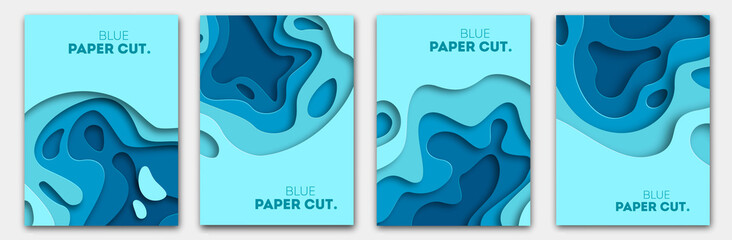 Poster - Paper cut design concept for flyers, presentations and posters. Vector abstract carving art. White and blue 3D layered vertical banners.