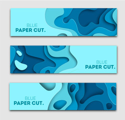 Fototapete - Paper cut design concept for flyers, presentations and posters. Vector abstract carving art. White and blue 3D layered vertical banners.