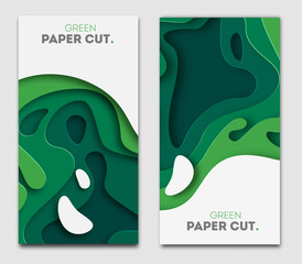 Poster - Banners set 3D abstract background, green paper cut shapes. Vector design layout for business presentations, flyers, posters and invitations. Carving art, environment and ecology elements