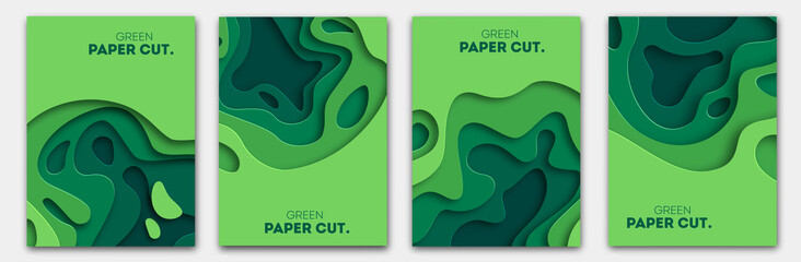 Poster - Banners set 3D abstract background, green paper cut shapes. Vector design layout for business presentations, flyers, posters and invitations. Carving art, environment and ecology elements