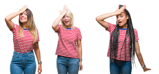 Sticker - Collage of young women wearing stripes t-shirt over isolated background surprised with hand on head for mistake, remember error. Forgot, bad memory concept.