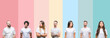 Collage of different ethnics young people wearing white t-shirt over colorful isolated background smiling looking side and staring away thinking.