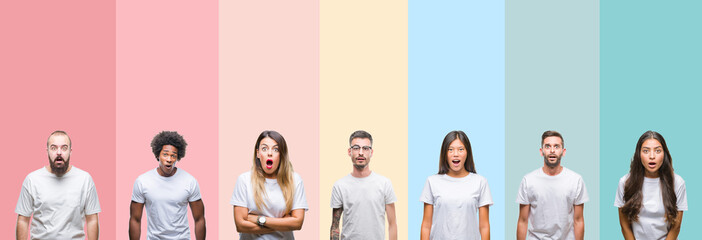 Poster - Collage of different ethnics young people wearing white t-shirt over colorful isolated background afraid and shocked with surprise expression, fear and excited face.