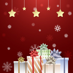 Gift boxes and snowflake on red, Merry Christmas, Happy New Year illustration background