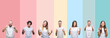 © Krakenimages.com - Collage of different ethnics young people wearing white t-shirt over colorful isolated background success sign doing positive gesture with hand, thumbs up smiling and happy. Looking at the camera