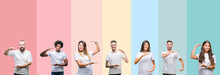 Collage Of Different Ethnics Young People Wearing White T-shirt Over Colorful Isolated Background Gesturing With Hands Showing Big And Large Size Sign, Measure Symbol. Smiling Looking At The Camera