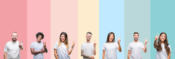 Collage of different ethnics young people wearing white t-shirt over colorful isolated background smiling with happy face winking at the camera doing victory sign. Number two.