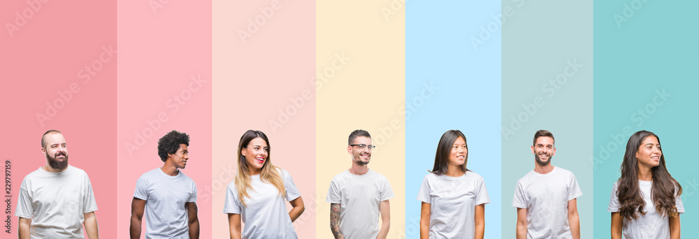 Collage of different ethnics young people wearing white t-shirt over colorful isolated background looking away to side with smile on face, natural expression. Laughing confident. - obrazy, fototapety, plakaty 