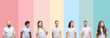 © Krakenimages.com - Collage of different ethnics young people wearing white t-shirt over colorful isolated background looking away to side with smile on face, natural expression. Laughing confident.