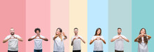 Collage Of Different Ethnics Young People Wearing White T-shirt Over Colorful Isolated Background Smiling In Love Showing Heart Symbol And Shape With Hands. Romantic Concept.