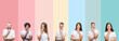 © Krakenimages.com - Collage of different ethnics young people wearing white t-shirt over colorful isolated background looking confident at the camera with smile with crossed arms and hand raised on chin