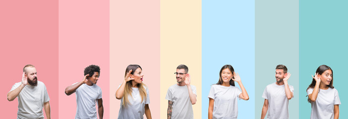 collage of different ethnics young people wearing white t-shirt over colorful isolated background sm